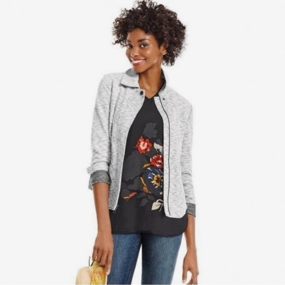 CAbi Neo Gray heathered white black moto zip jacket blazer size small